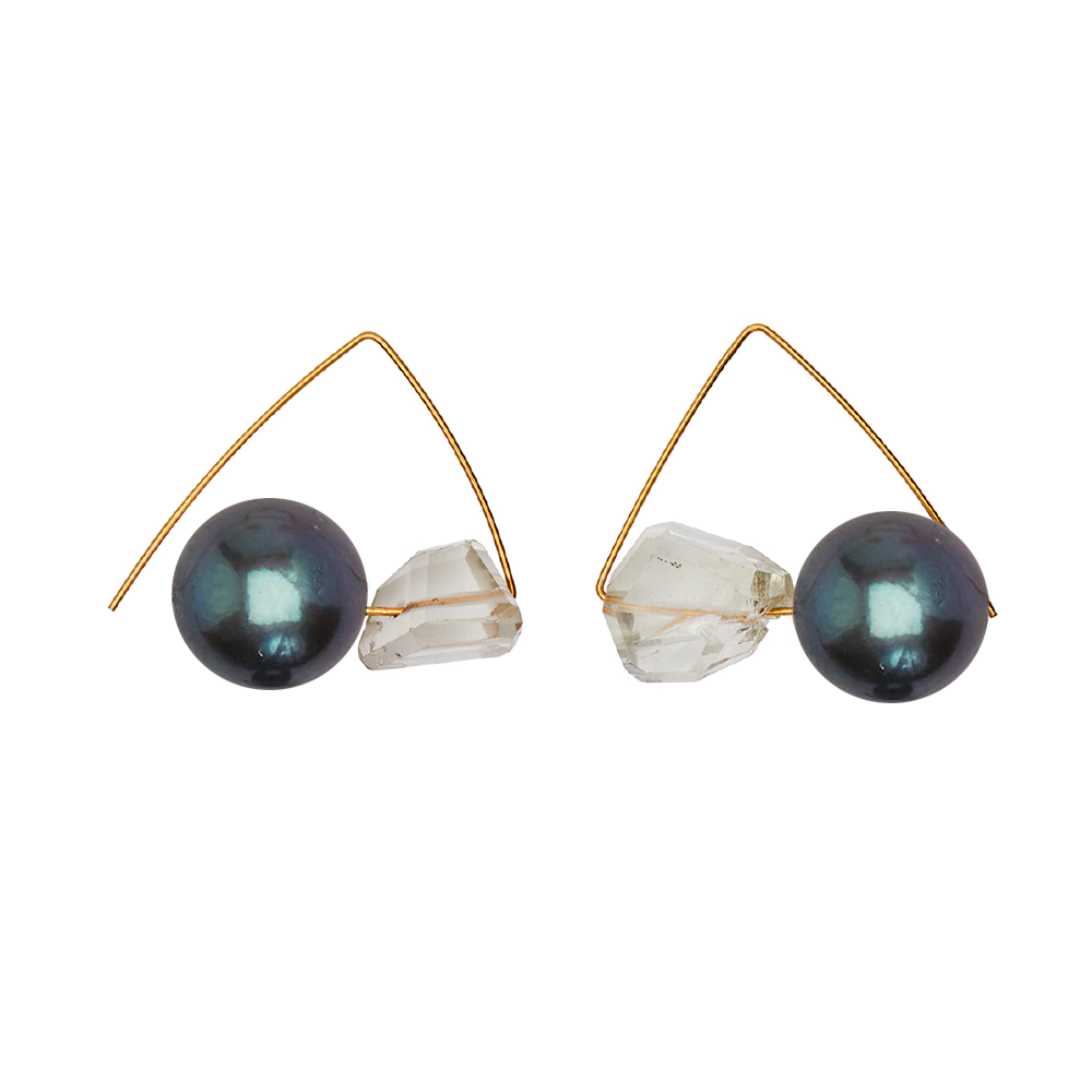 Petite Triangle Lobe Huggers with Round Freshwater Pearls and Green Amethyst