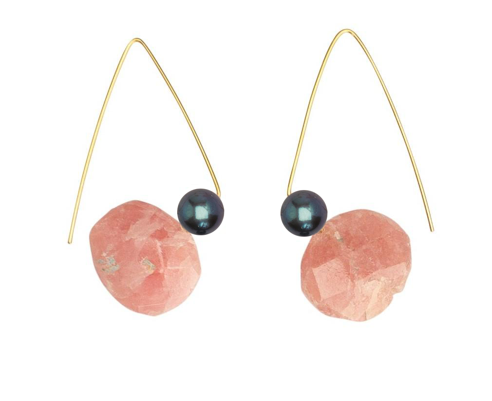 Petite Triangle Lobe Huggers with Pink Rhodochrosite and Round Freshwater Pearls