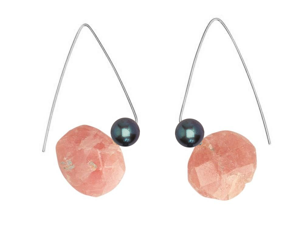 Petite Triangle Lobe Huggers with Pink Rhodochrosite and Round Freshwater Pearls