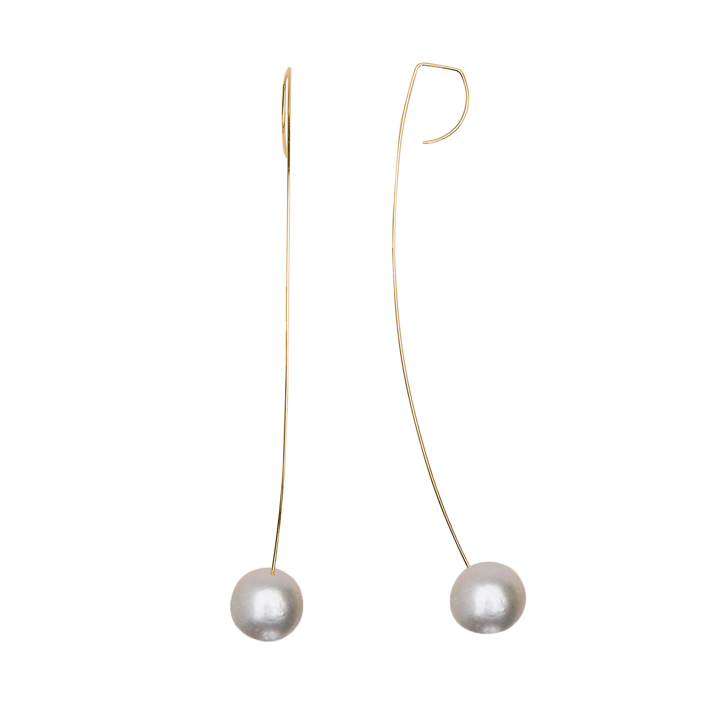 Long Curved Drop Earrings with Round Freshwater Pearls