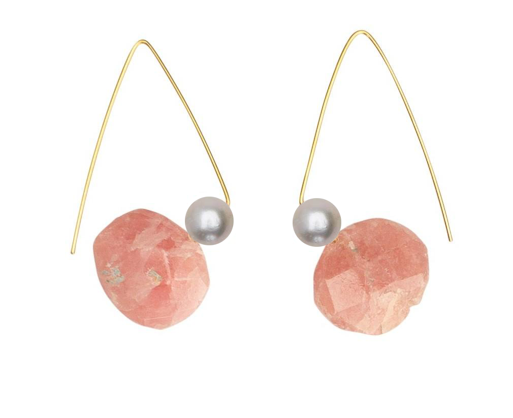 Petite Triangle Lobe Huggers with Pink Rhodochrosite and Round Freshwater Pearls