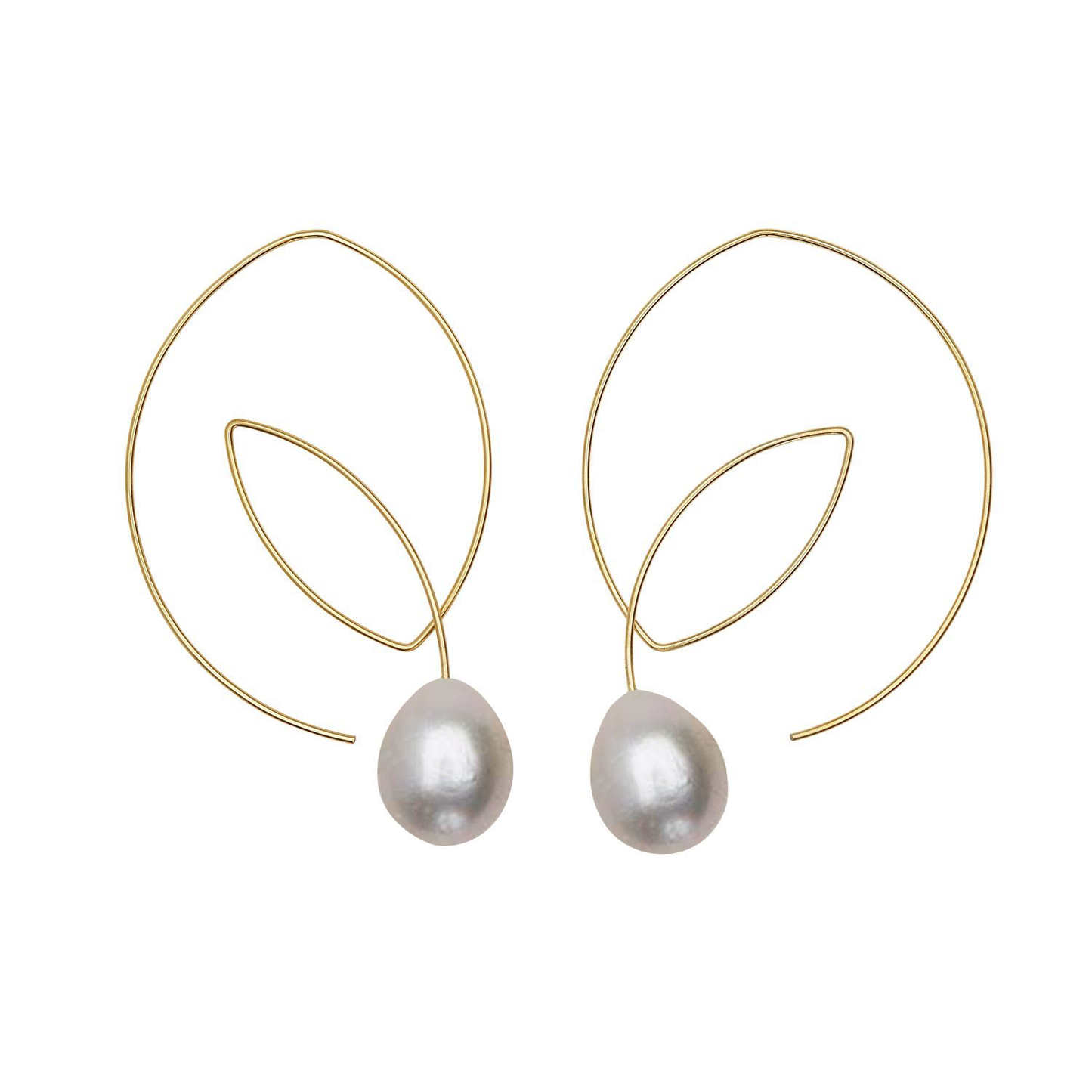 Large Angled Loop Earrings with Round Freshwater Pearls