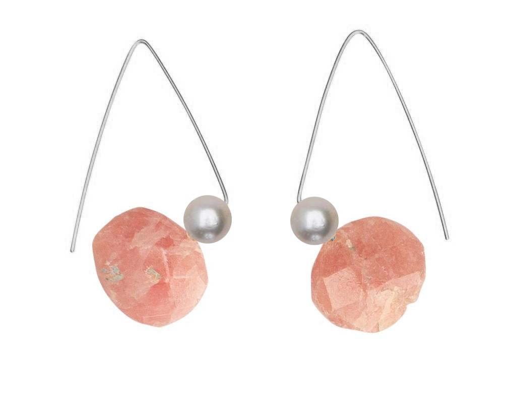 Petite Triangle Lobe Huggers with Pink Rhodochrosite and Round Freshwater Pearls