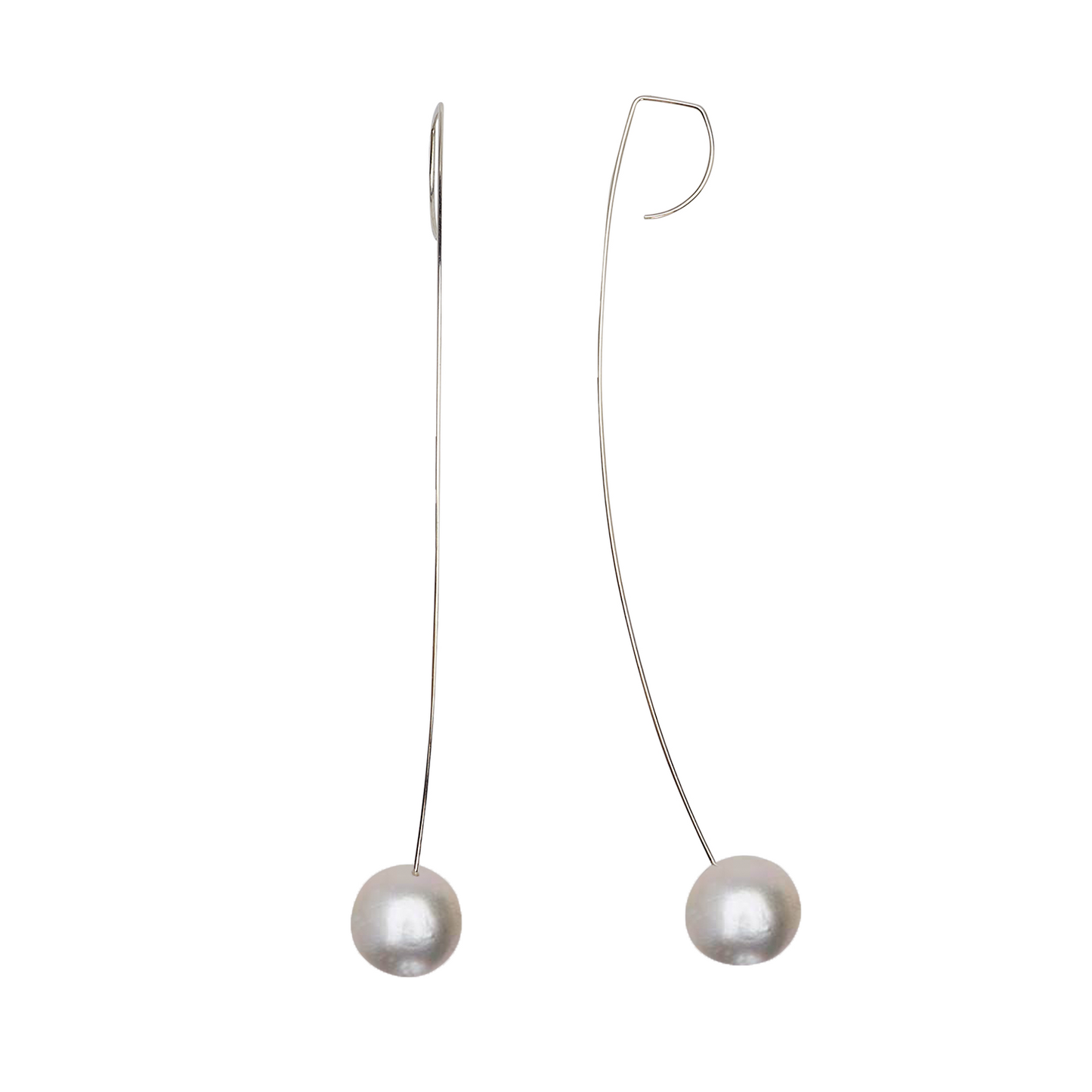 Long Curved Drop Earrings with Round Freshwater Pearls
