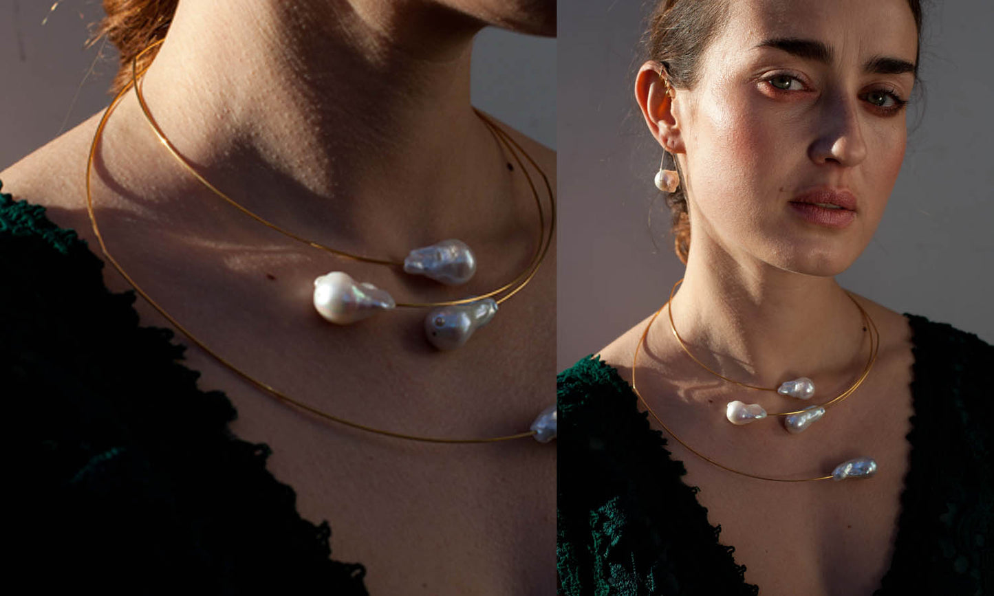 Round Asymmetric Neckwire with Round Freshwater Pearls