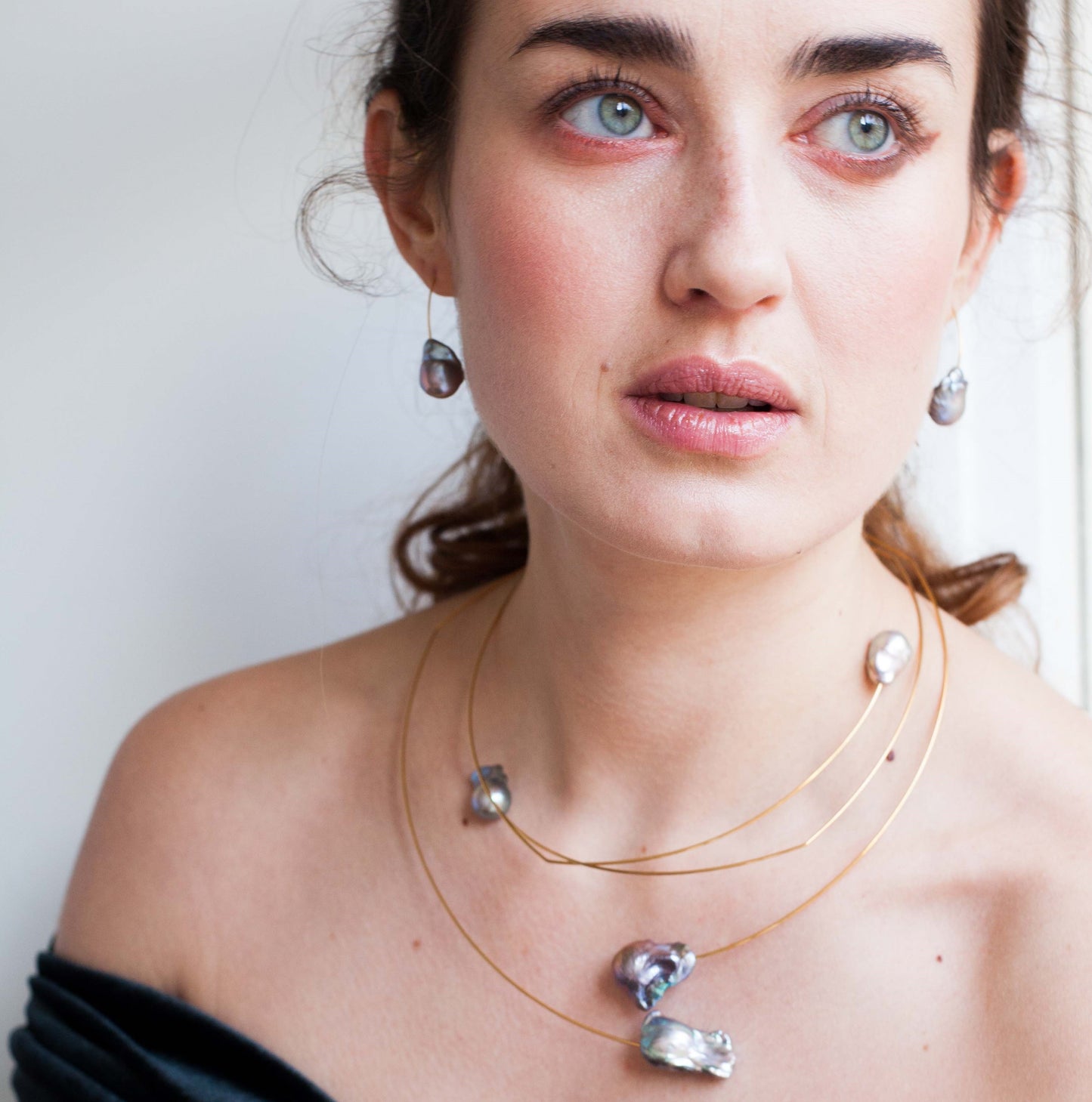 Asymmetric Neckwire with Large White Baroque Pearls
