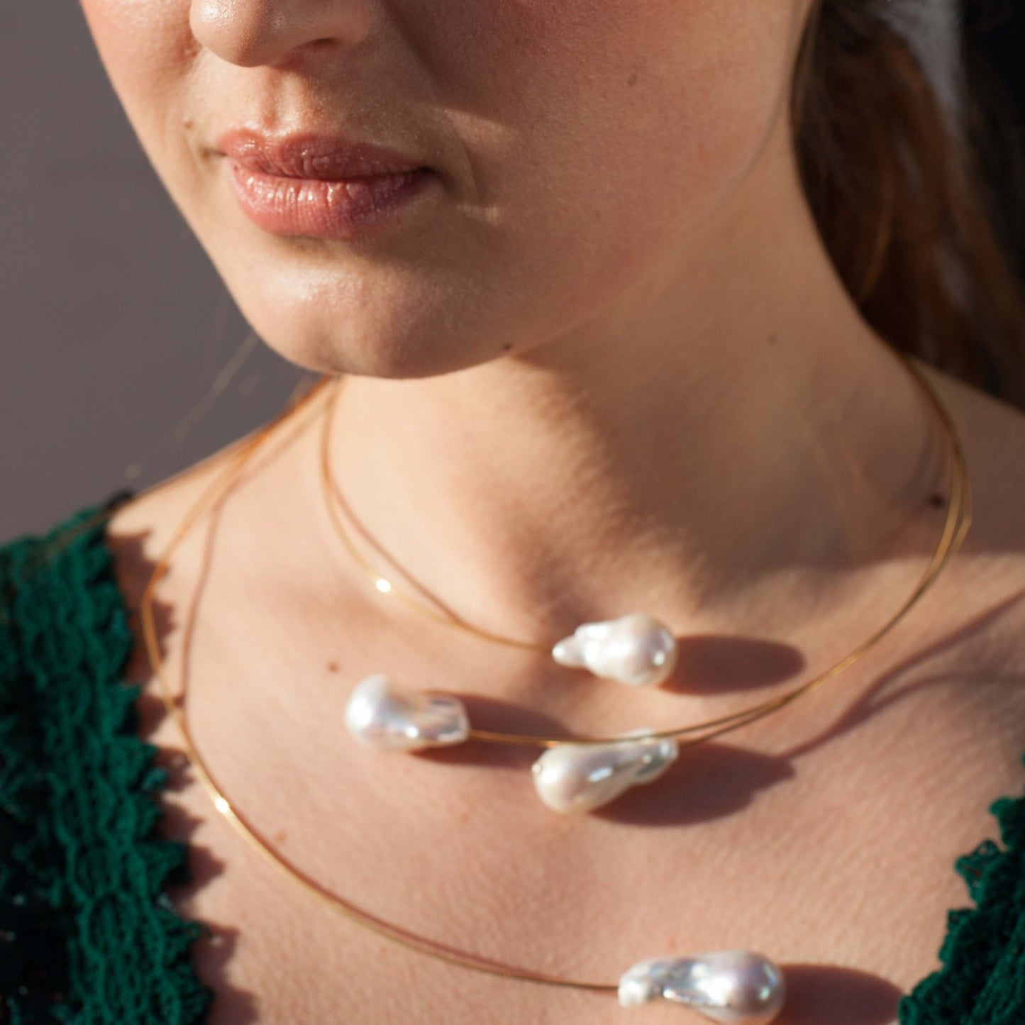 Asymmetric Neckwire with Large White Baroque Pearls