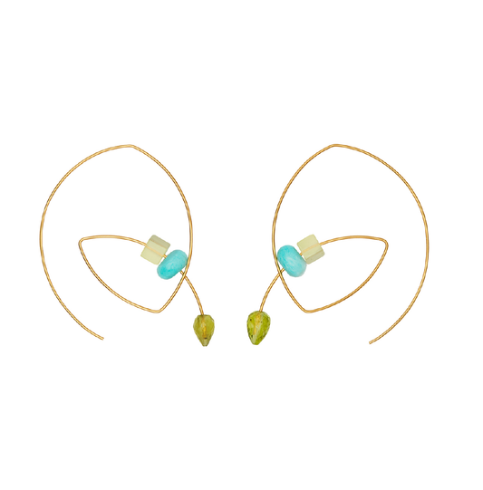 Large Angled Loop Earrings with Jade cube, Turquoise Roundel and Peridot