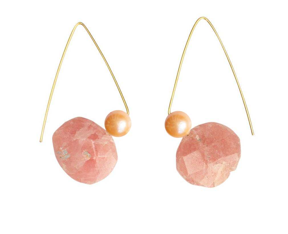 Petite Triangle Lobe Huggers with Pink Rhodochrosite and Round Freshwater Pearls