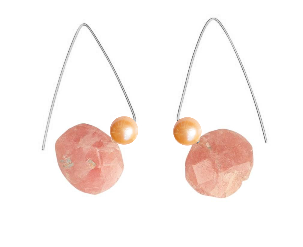 Petite Triangle Lobe Huggers with Pink Rhodochrosite and Round Freshwater Pearls