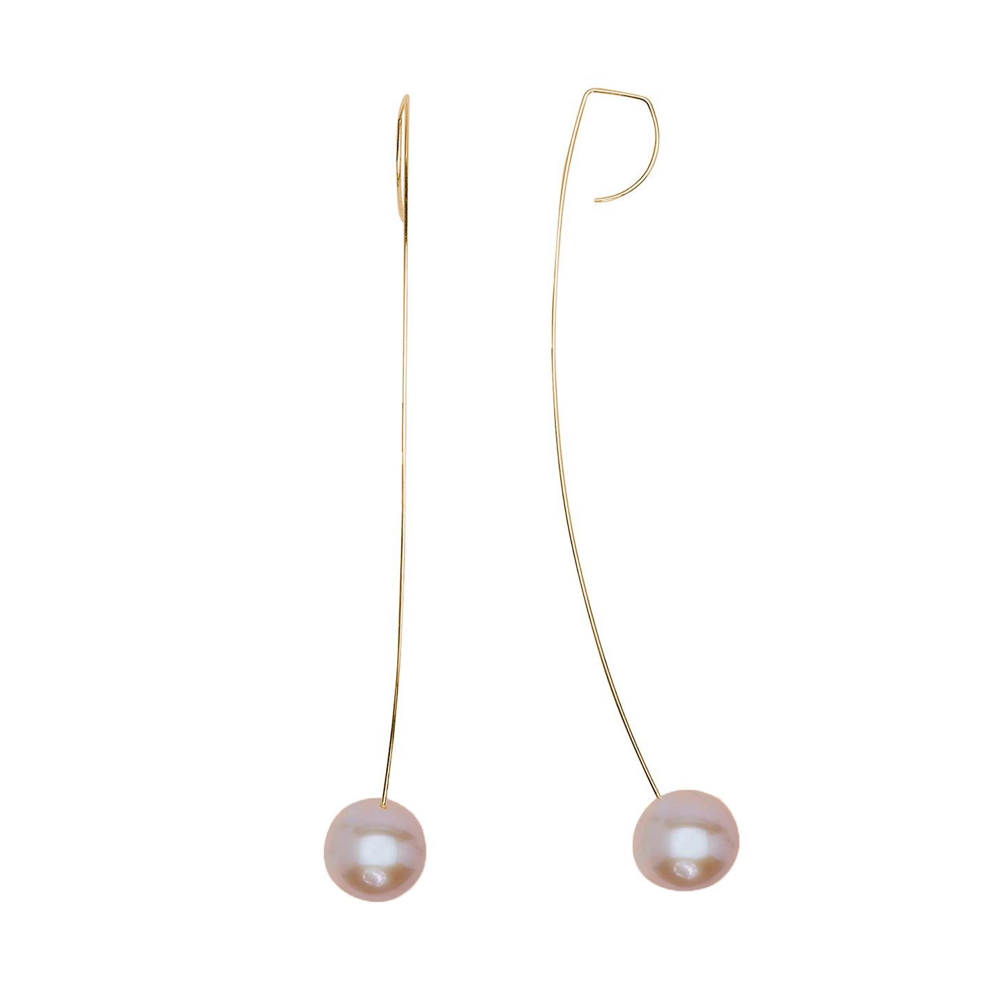 Long Curved Drop Earrings with Round Freshwater Pearls