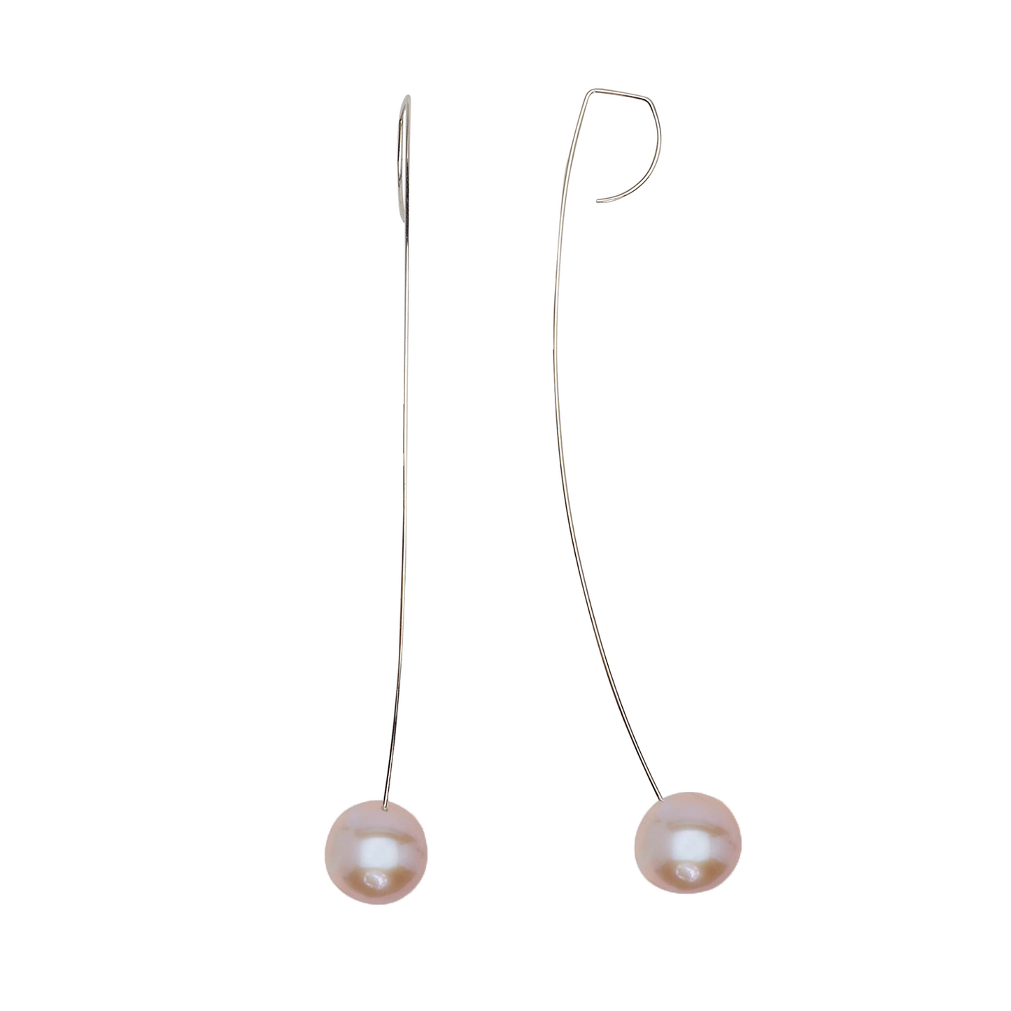 Long Curved Drop Earrings with Round Freshwater Pearls