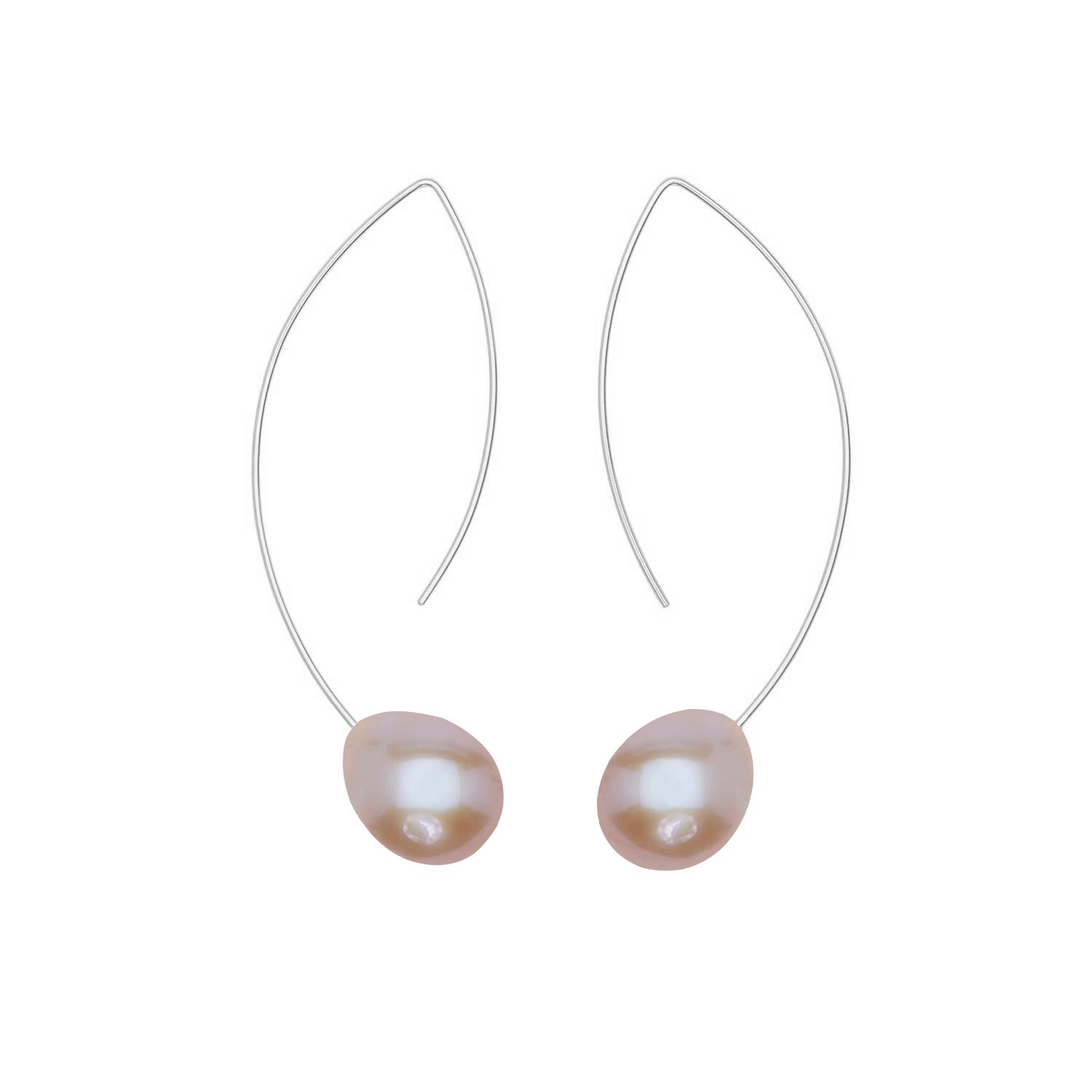 Long Curve Earrings with Drop Round Freshwater Pearls