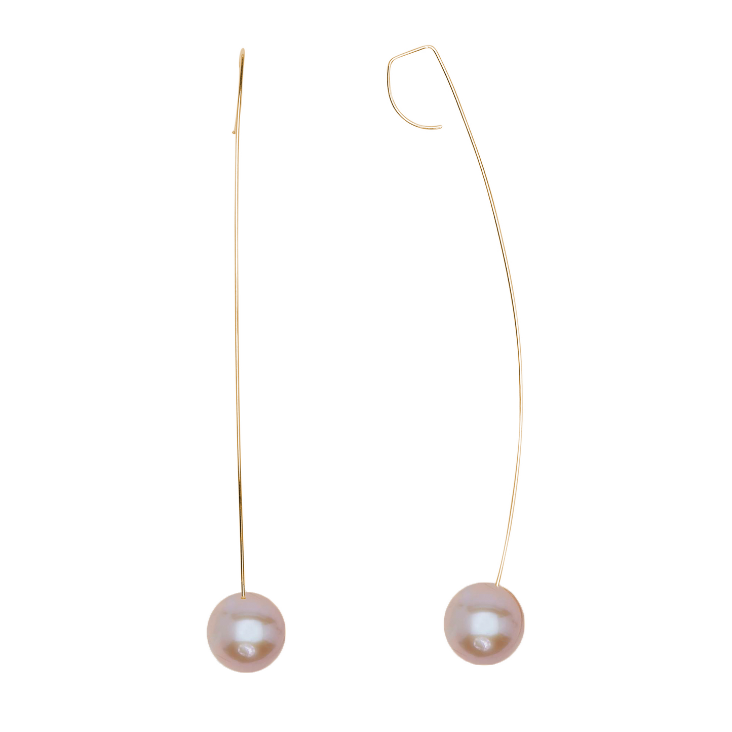 Long Curved Drop Earrings with Round Freshwater Pearls