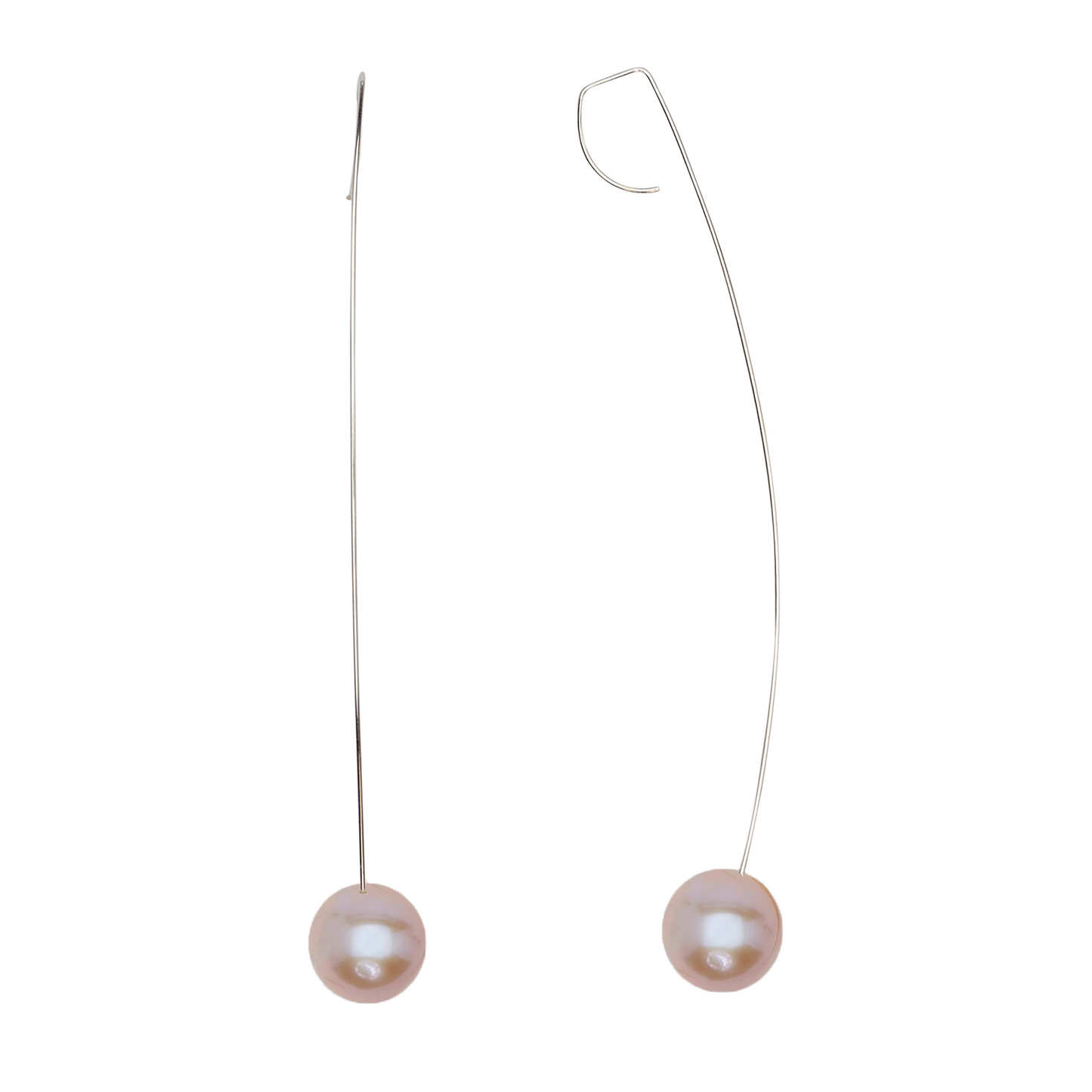 Long Curved Drop Earrings with Round Freshwater Pearls