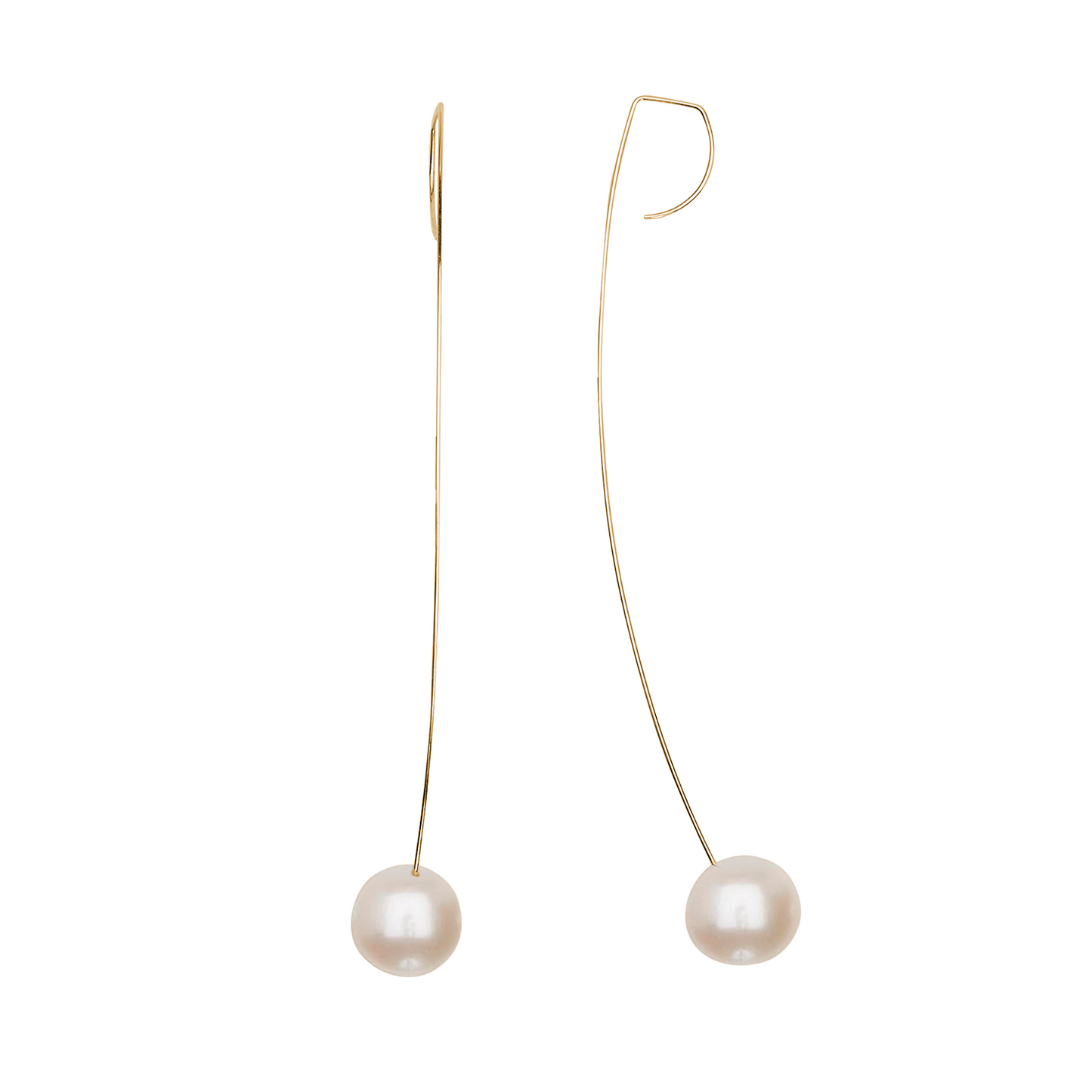 Long Curved Drop Earrings with Round Freshwater Pearls