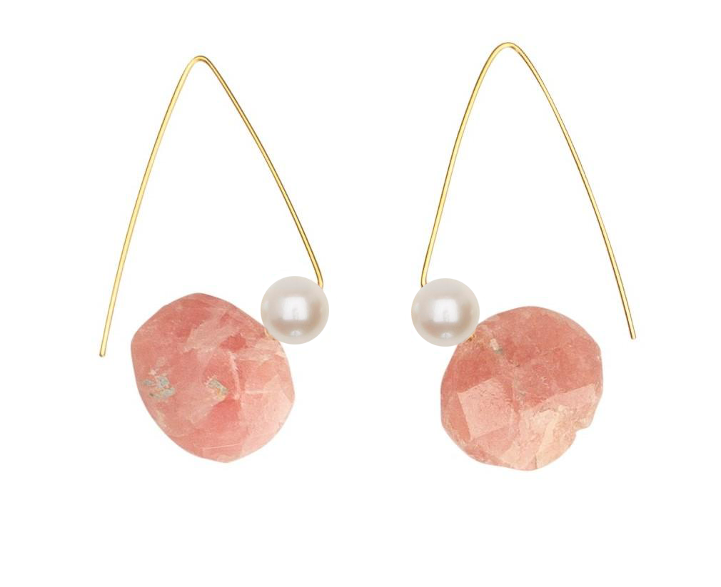 Petite Triangle Lobe Huggers with Pink Rhodochrosite and Round Freshwater Pearls