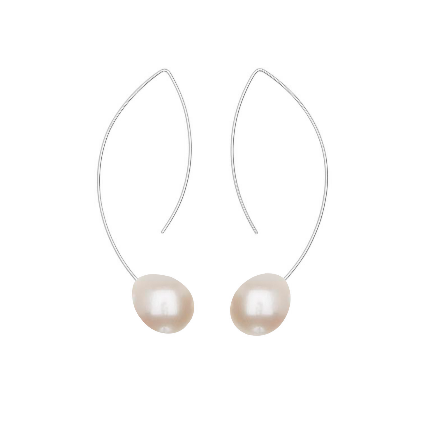 Long Curve Earrings with Drop Round Freshwater Pearls