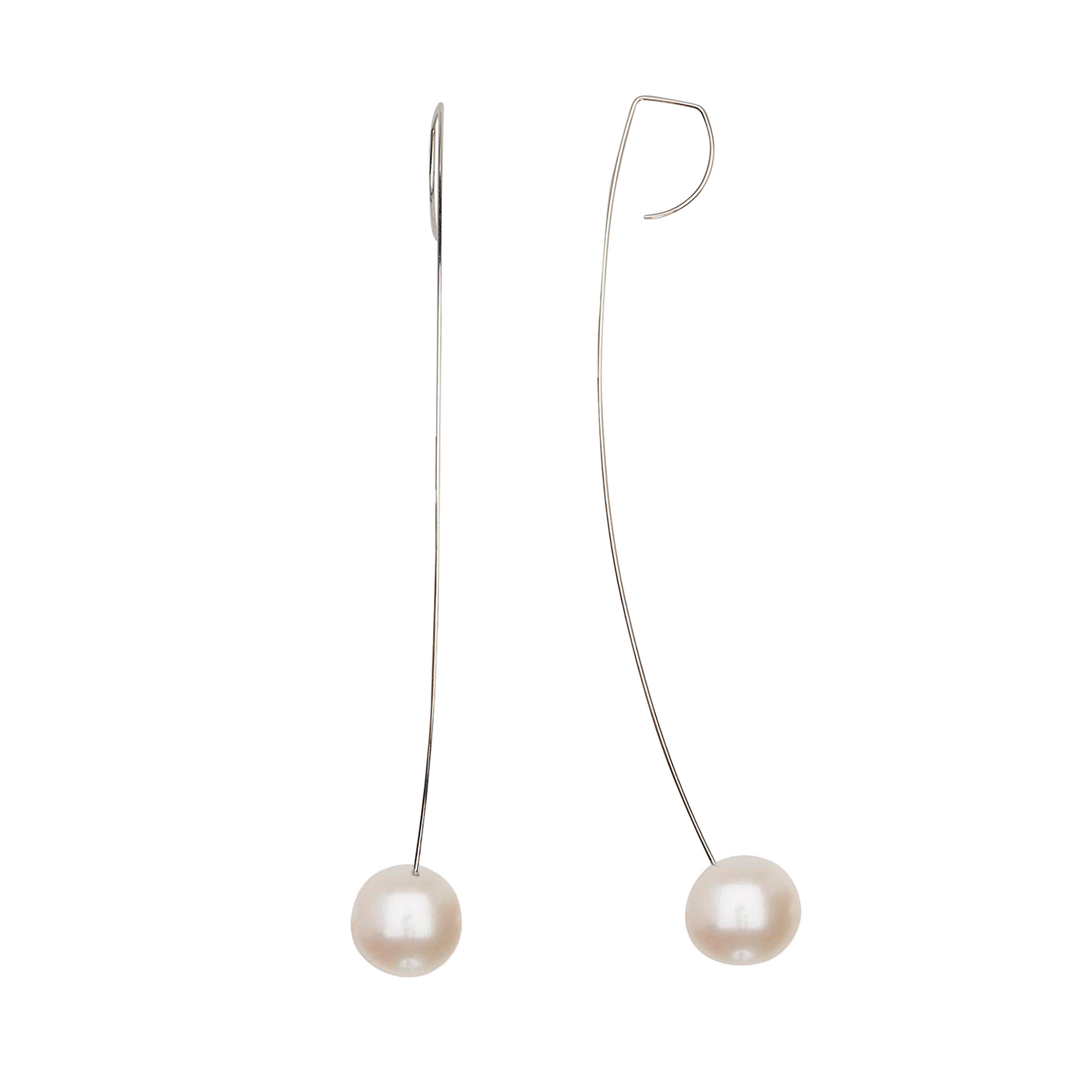 Long Curved Drop Earrings with Round Freshwater Pearls