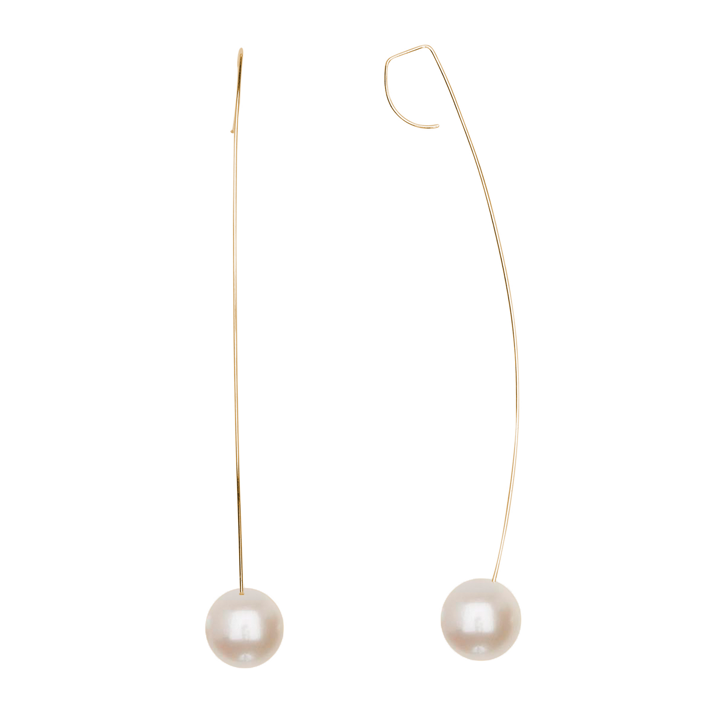 Long Curved Drop Earrings with Round Freshwater Pearls