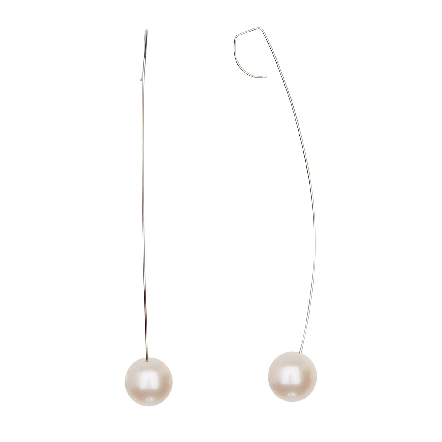 Long Curved Drop Earrings with Round Freshwater Pearls