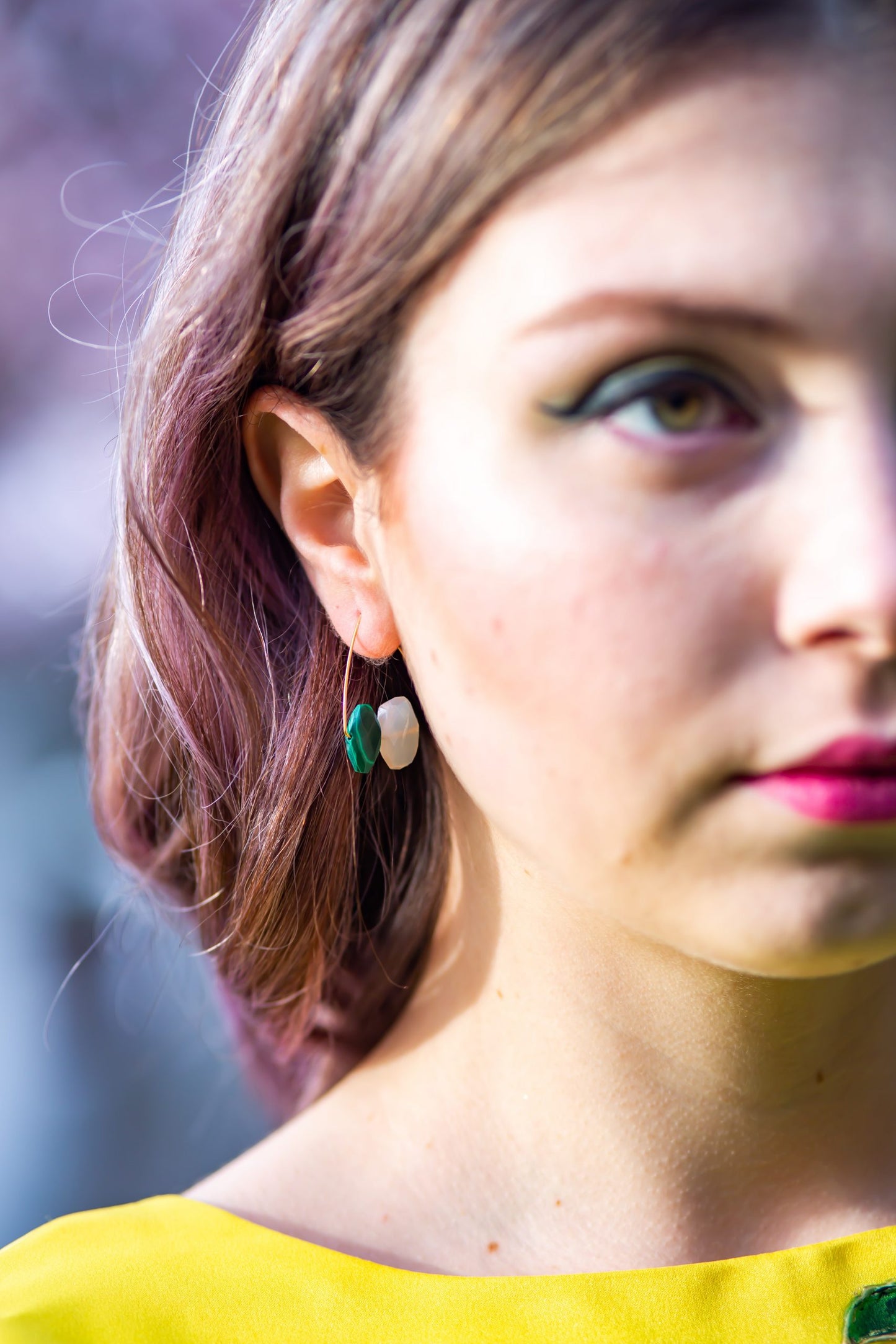 Triangle Earrings with Sliced Gems and Peach Moonstones