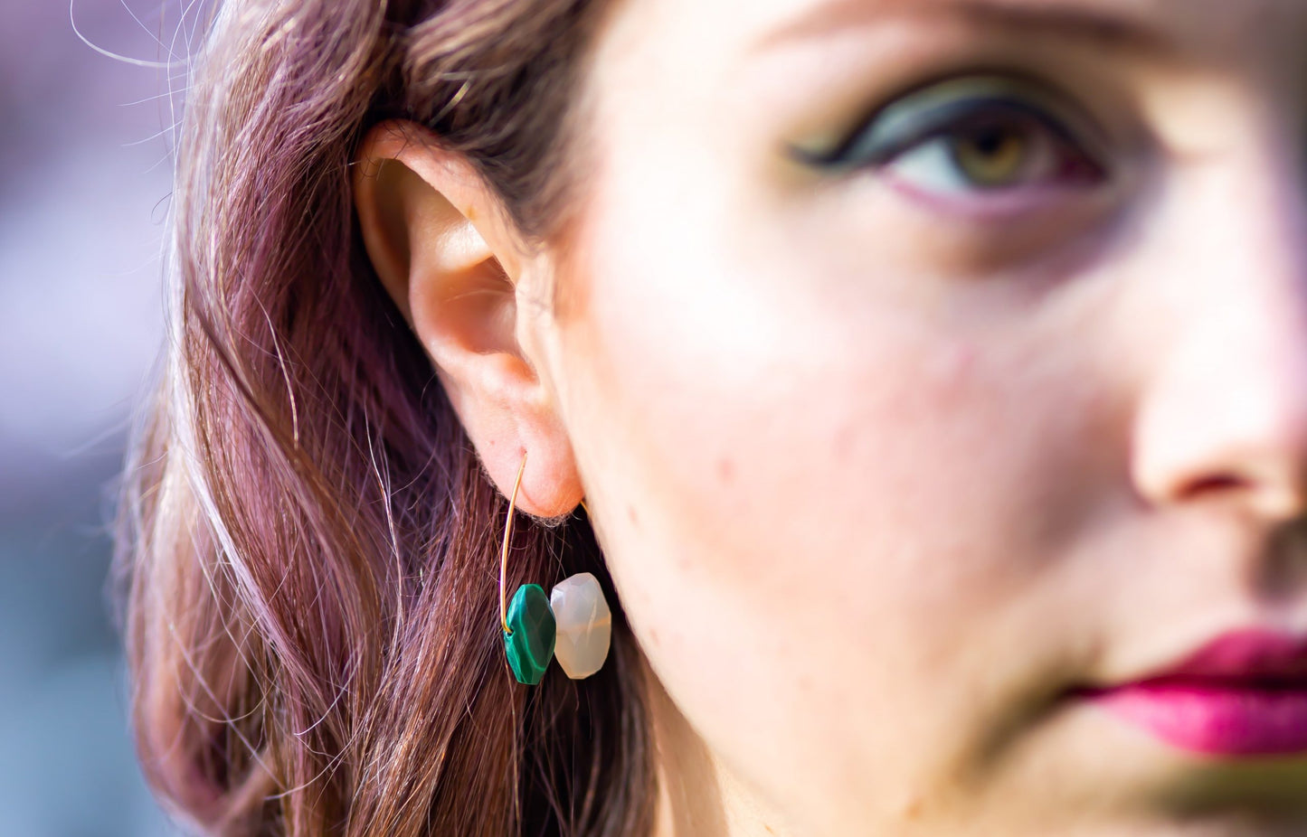 Triangle Earrings with Rainbow moonstone and Cerulean Blue Chalcedony