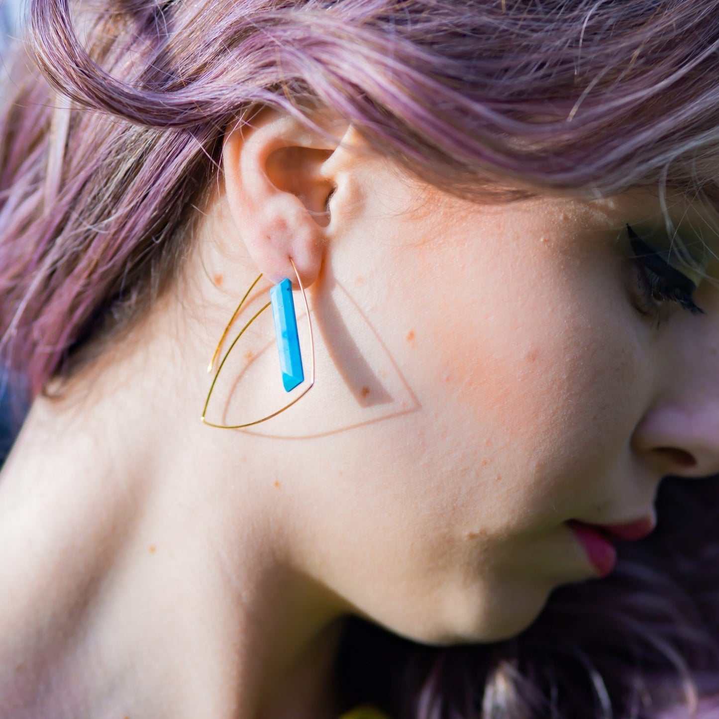 Large Triangle Loop Earrings with hand-cut Gemstones