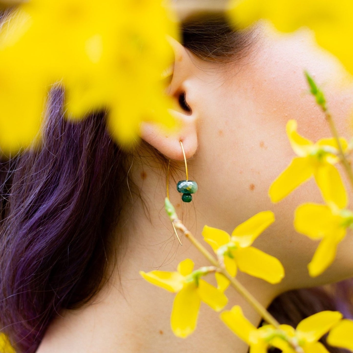 Long Curve Earrings with Emerald Green Moonstone and Emerald Corundum