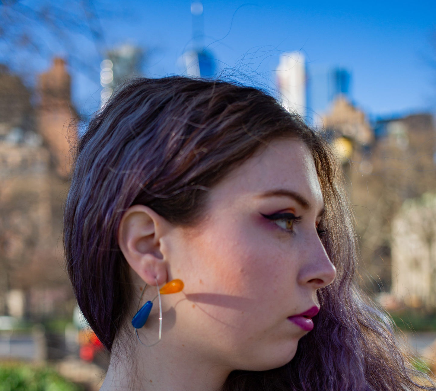 Large Angled Loop Earrings with Red Coral and Orange Coral