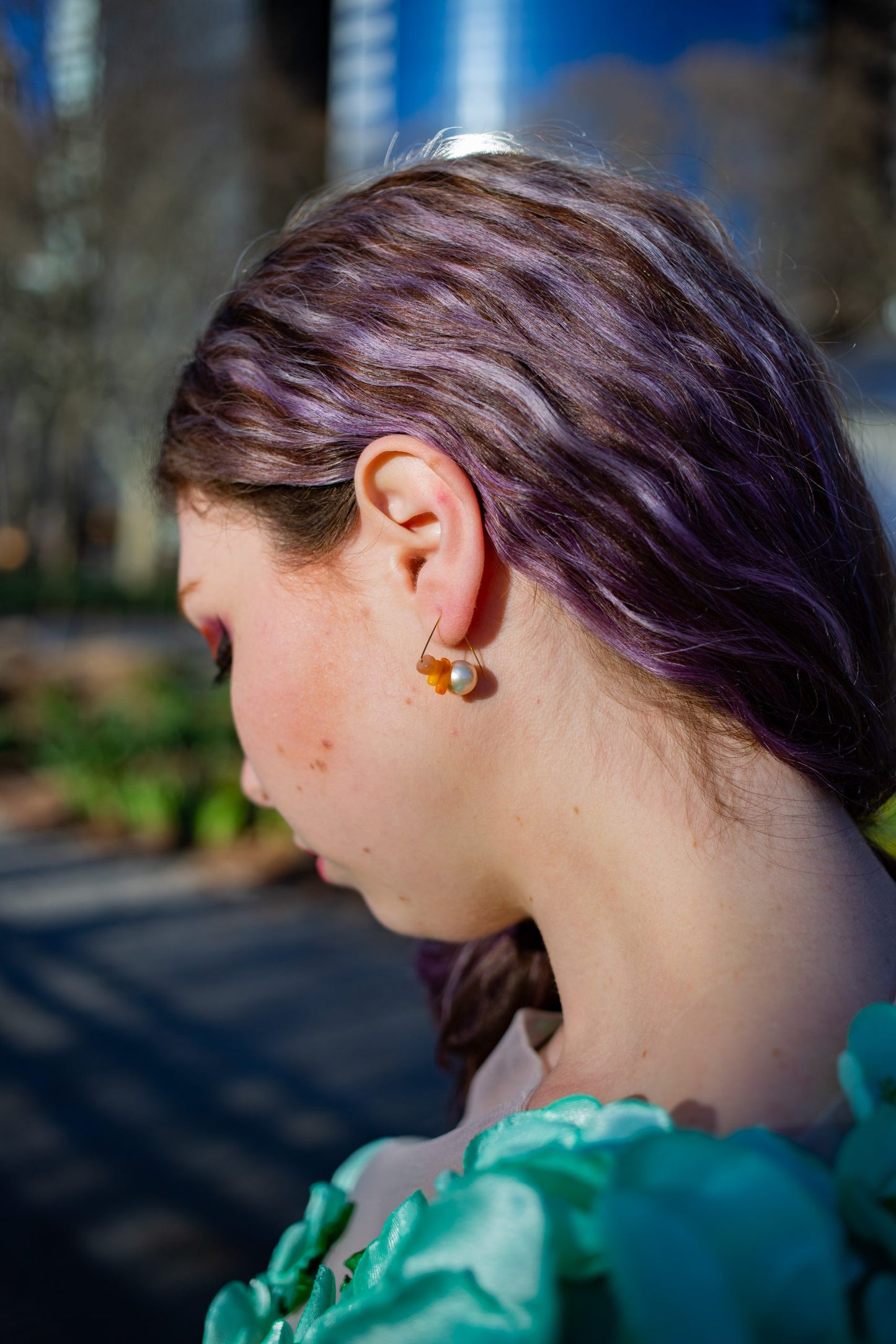 Triangle Earrings with Yellow Aventurine star, Aquamarine and Orange Sea Bamboo