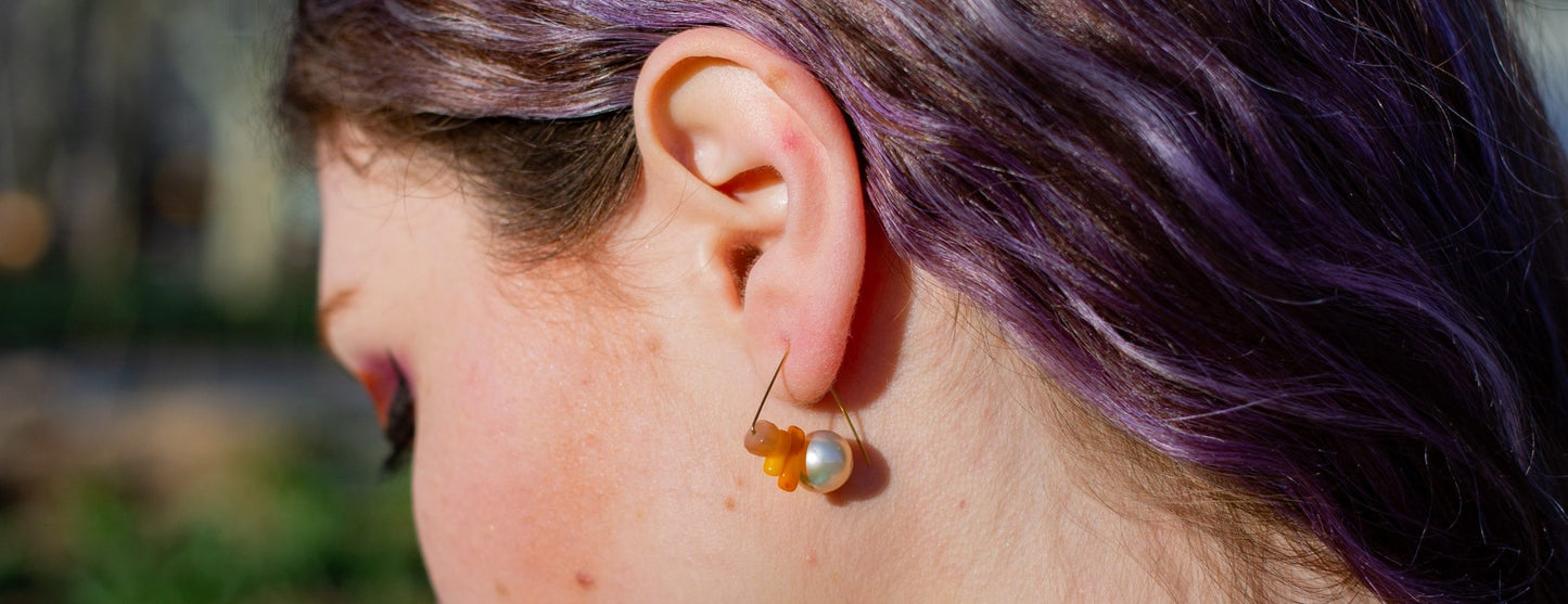 Angled Curled Earrings with Orange Sea Bamboo, Pink Coral and Yellow Agate