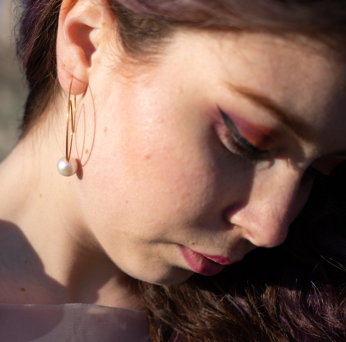 Large Angled Loop Earrings with Round Natural Freshwater Pearls with colour options