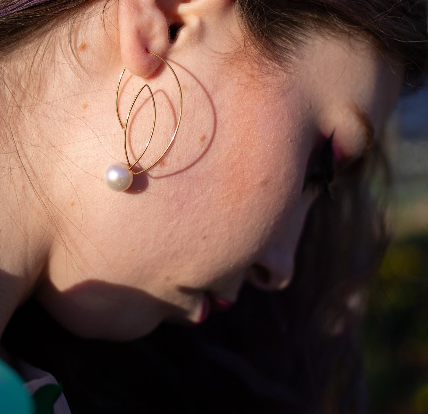 Large Angled Loop Earrings with Round Natural Freshwater Pearls with colour options