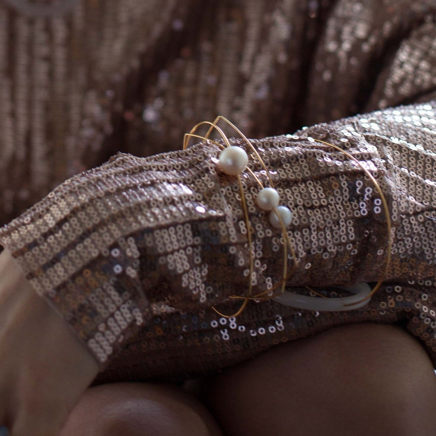 Asymmetric Square Bangle with White Freshwater Pearl and hand-cut precious gemstone