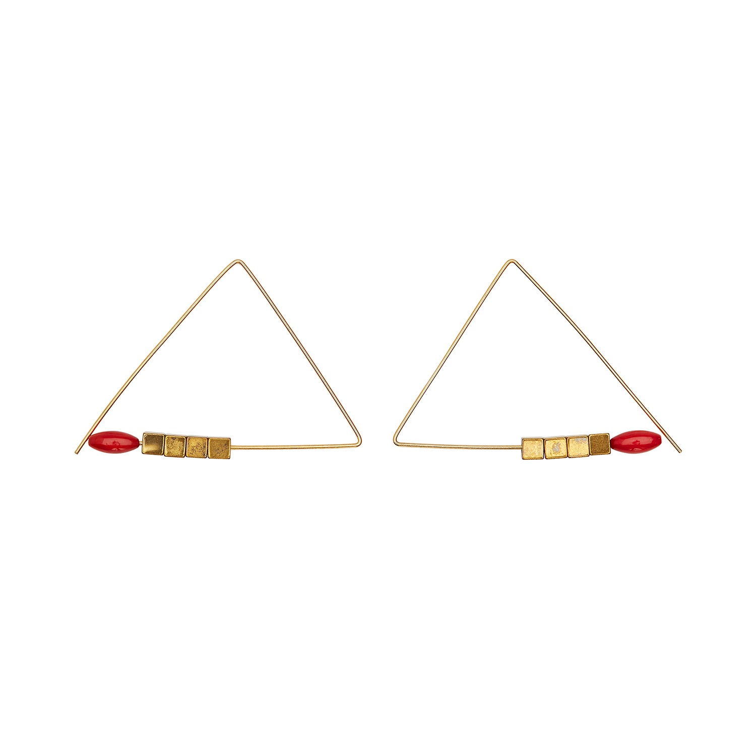 Wide Triangle Earrings with Coral and Hematite