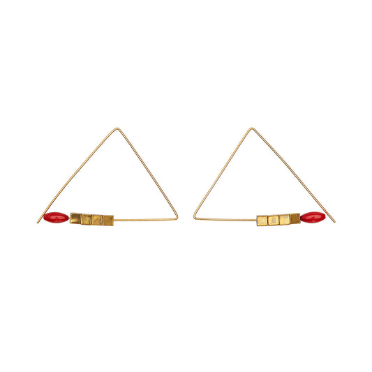 Wide Triangle Earrings with Coral and Hematite