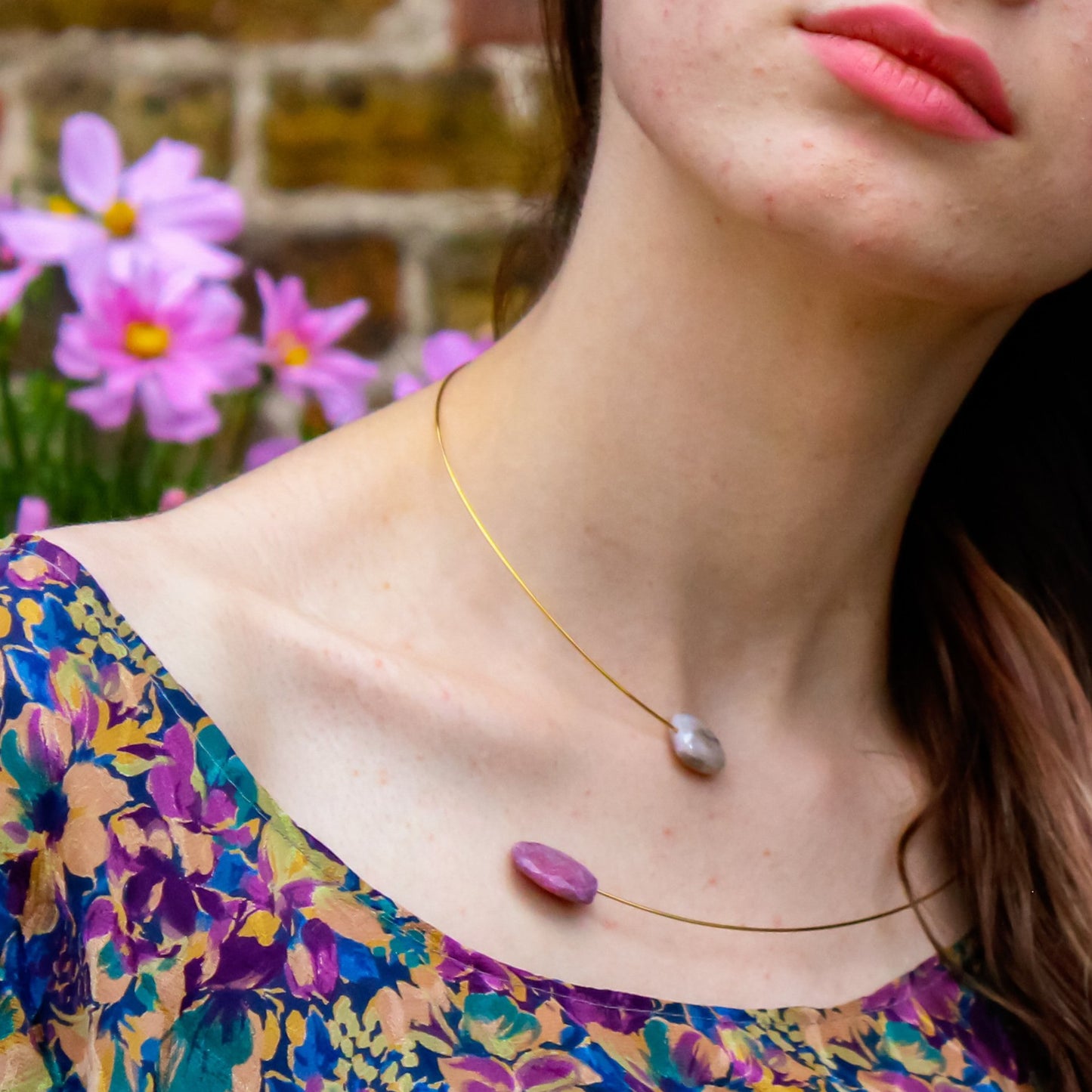 Square Asymmetric Neckwire with Peach Moonstone and Copper Pyrite