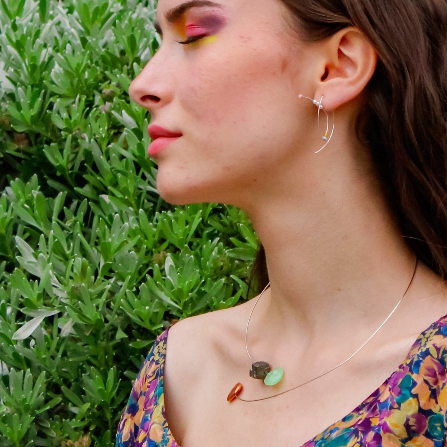 Square Asymmetric Neckwire with Peach Moonstone and Copper Pyrite