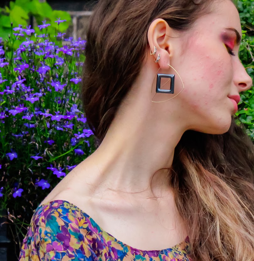Large Asymmetric Earrings with Flat Hematite Squares