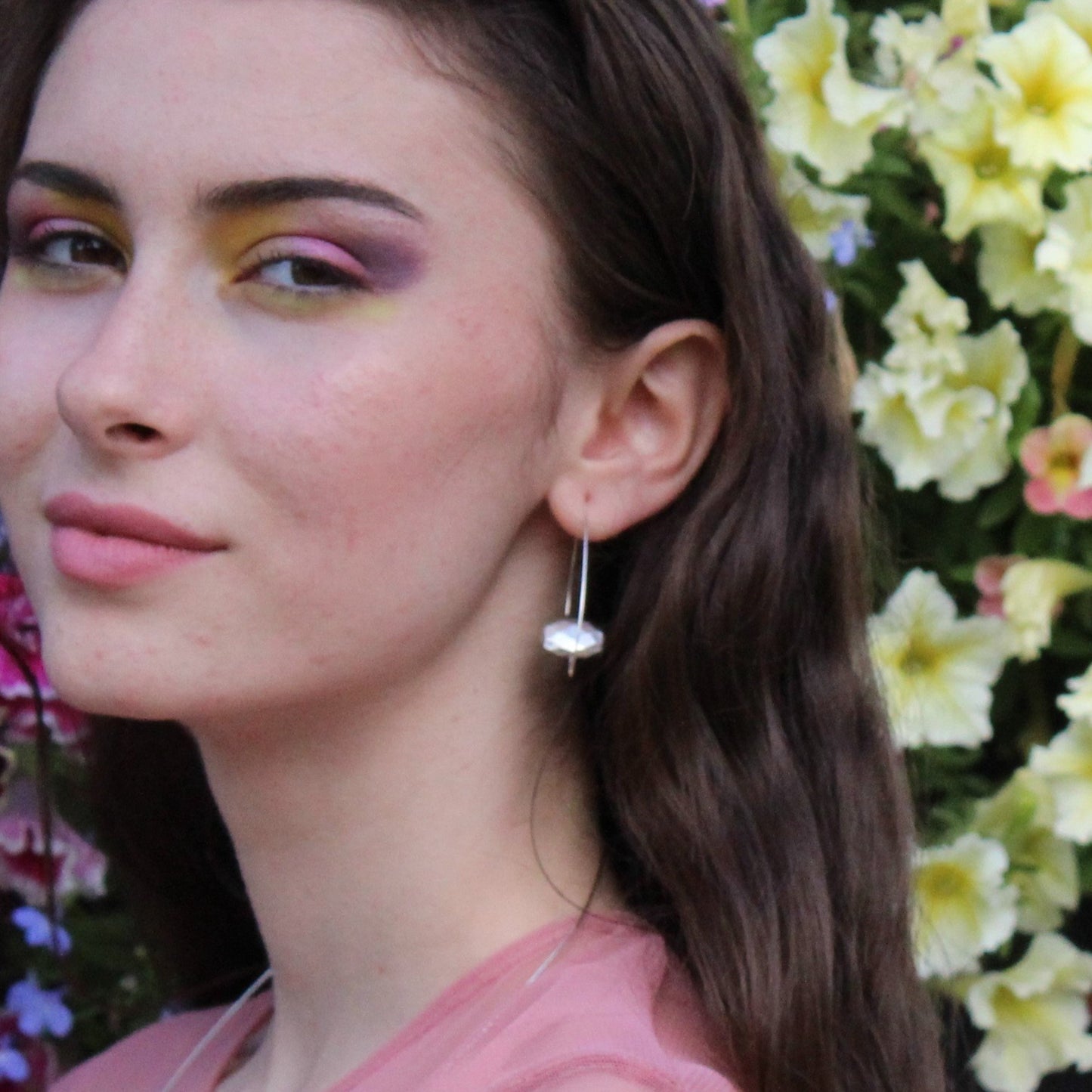 Pointed Oval Earrings with Peridot, Heliodore, Prehnite, Amethyst, Bamboo Coral