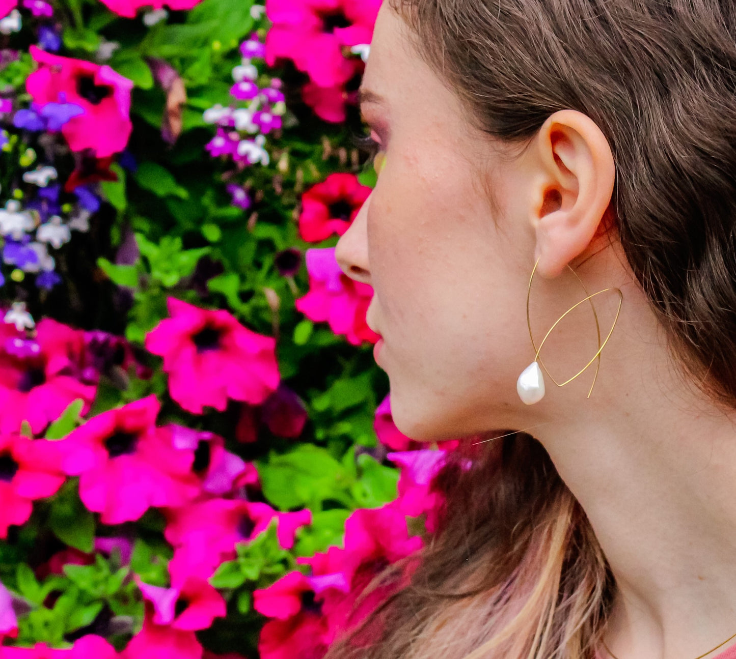 Large Angled Loop Earrings with Round Natural Freshwater Pearls with colour options