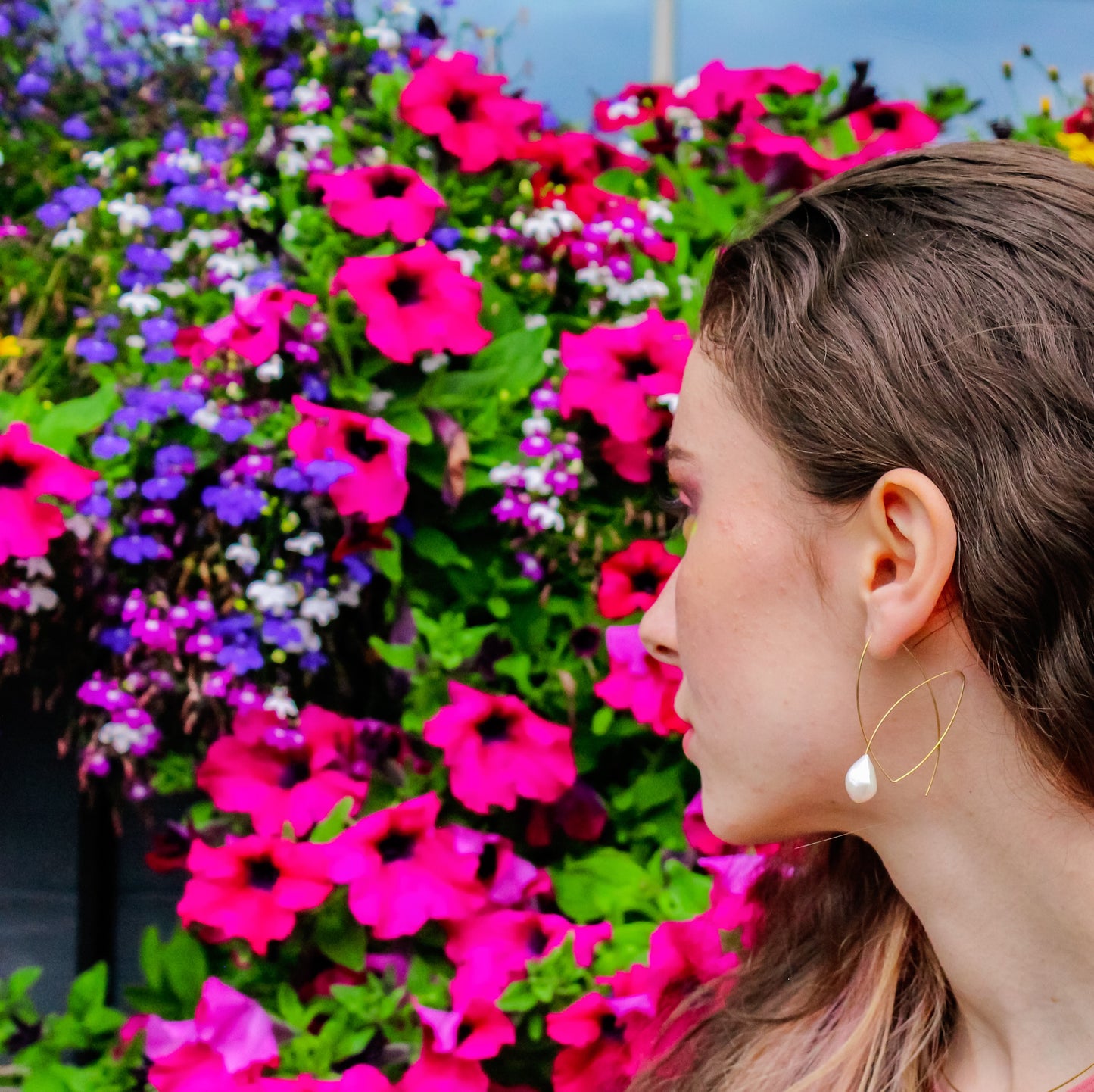 Large Angled Loop Earrings with Round Natural Freshwater Pearls with colour options