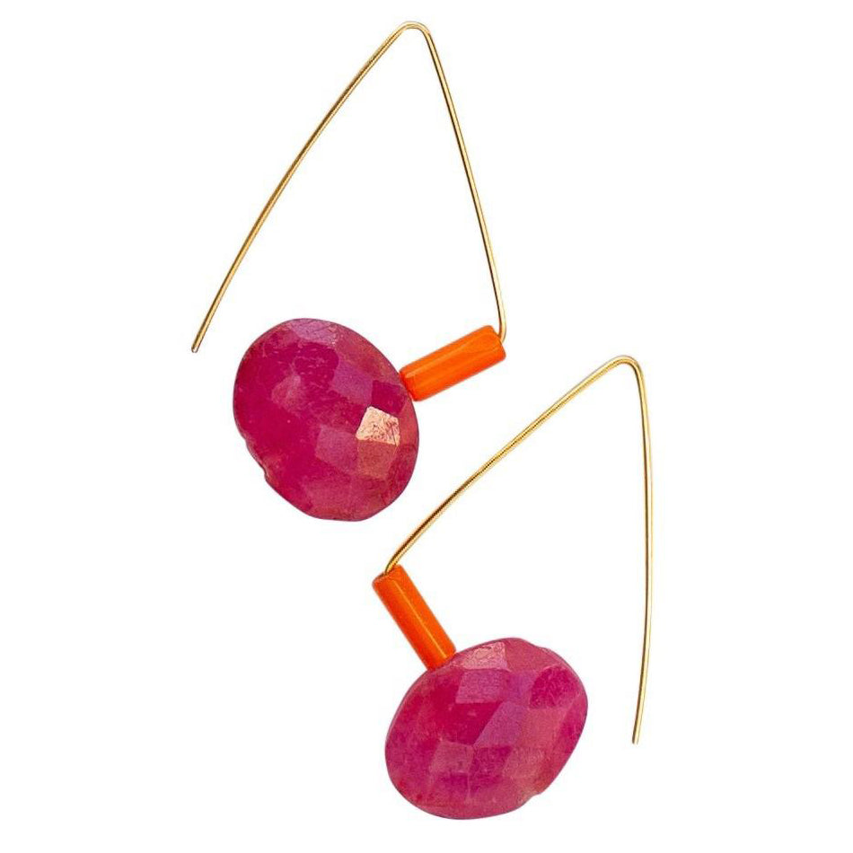 Petite Triangle Hoops with Orange Coral and Ruby Corundum