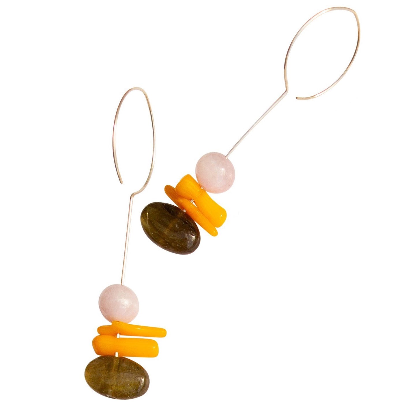 Drop Earrings with Kunzite, Orange Sea Bamboo and Labradorite Oval