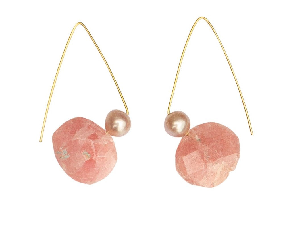 Petite Triangle Lobe Huggers with Pink Rhodochrosite and Round Freshwater Pearls