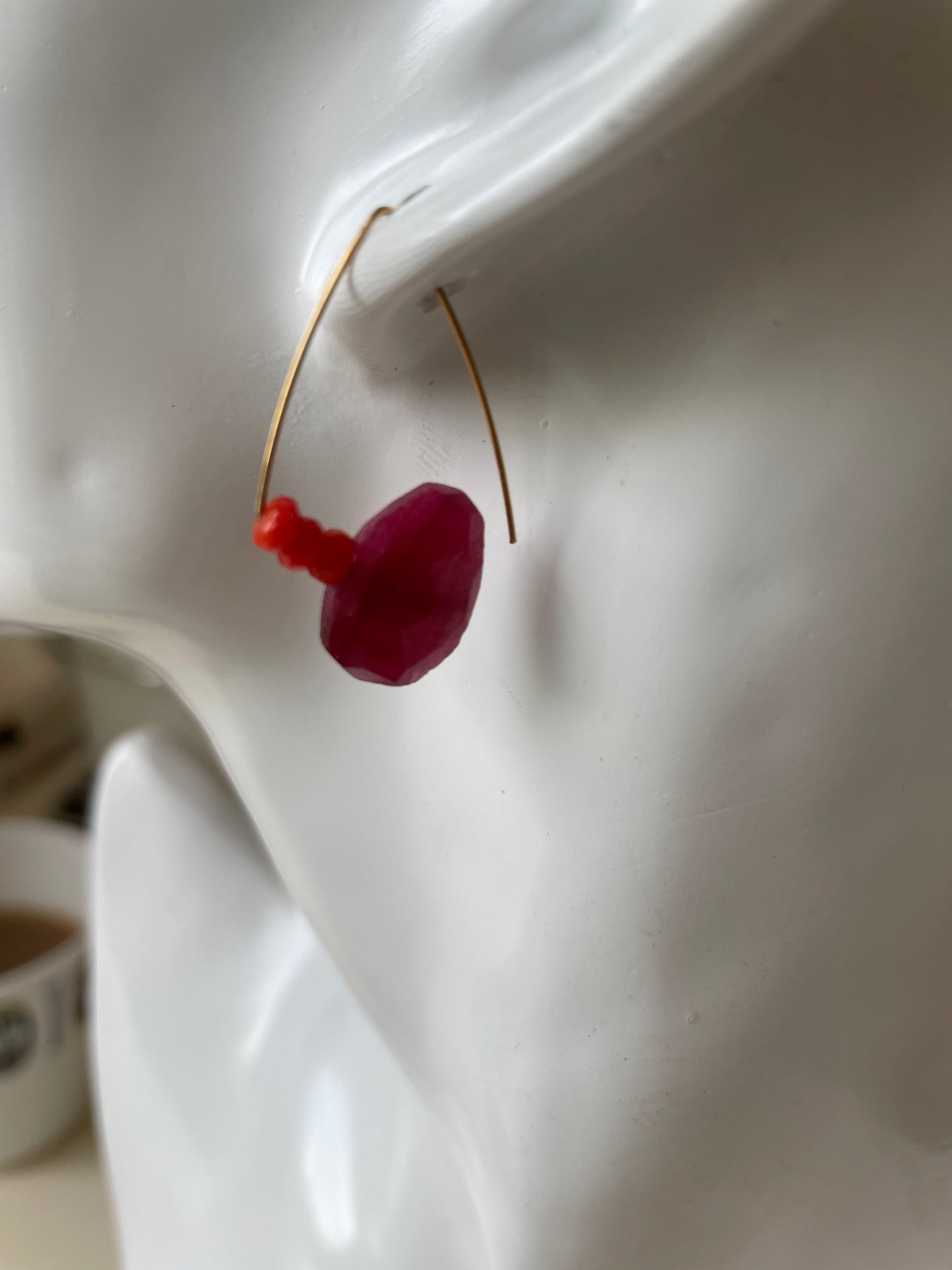 Petite Triangle Hoops with Orange Coral and Ruby Corundum