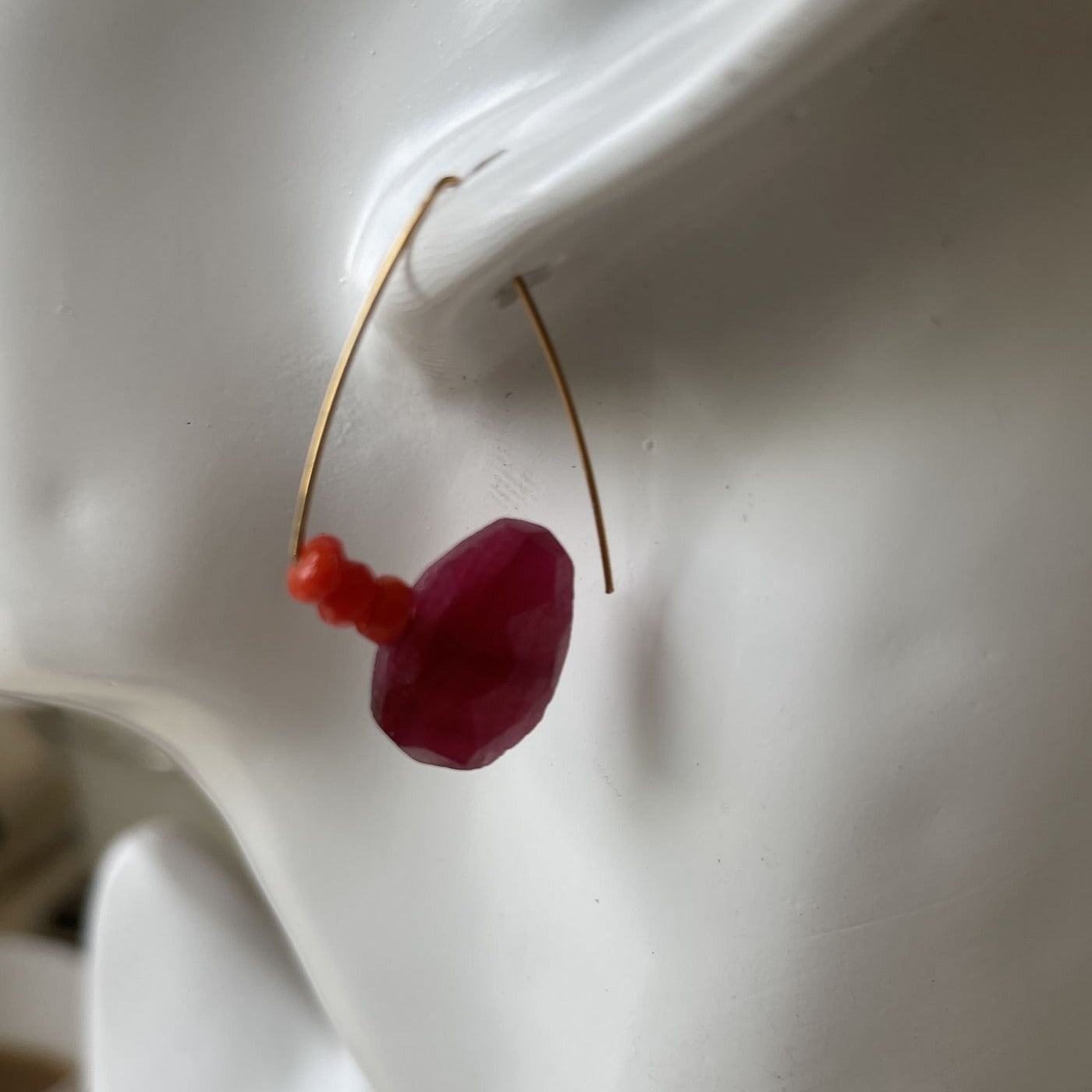 Petite Triangle Hoops with Orange Coral and Ruby Corundum