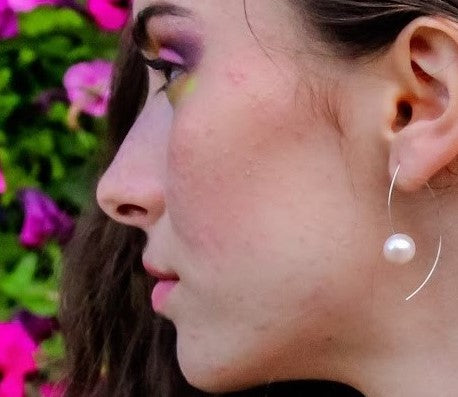 Long Curve Earrings with Oval Freshwater Pearls