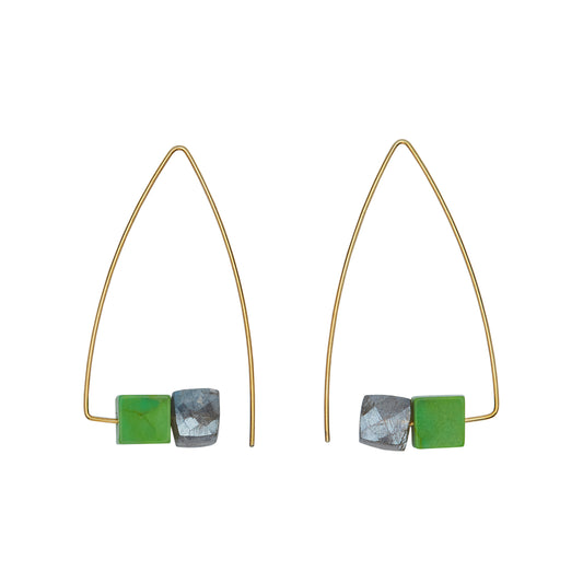 Tall Triangle Earrings with Mystic Labradorite Cube and Green Turquoise